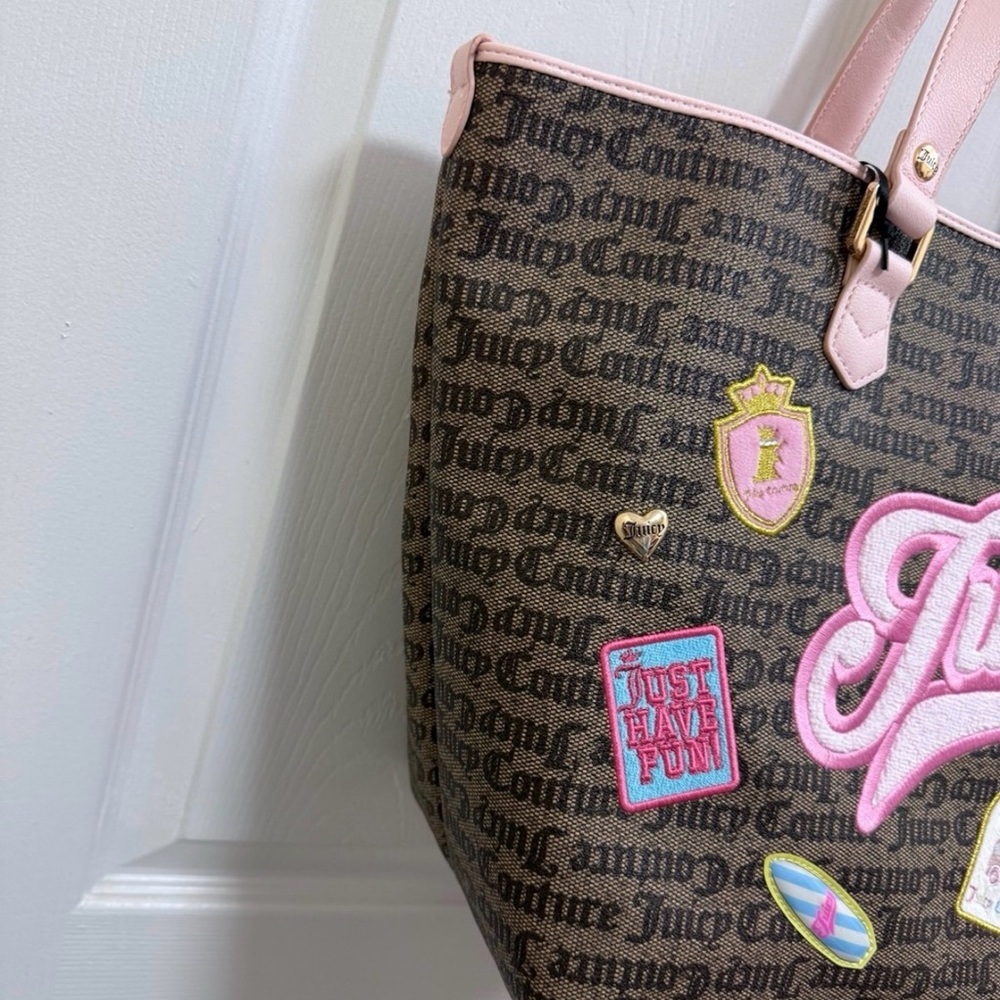 NWT Juicy Couture Juicy Run the World Tote in Taupe/Dk Brown w/ Pink Trim - Picture 4 of 7